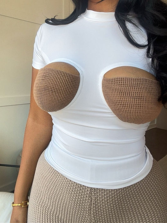 White Cut-Out Crop Top With Knit Bust Detail