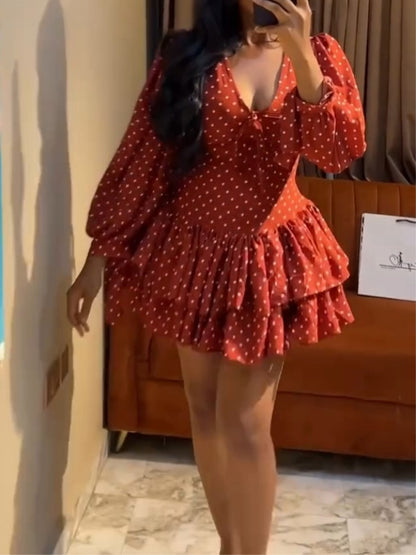 Red Polka Dot Puff-Sleeve Mini Dress