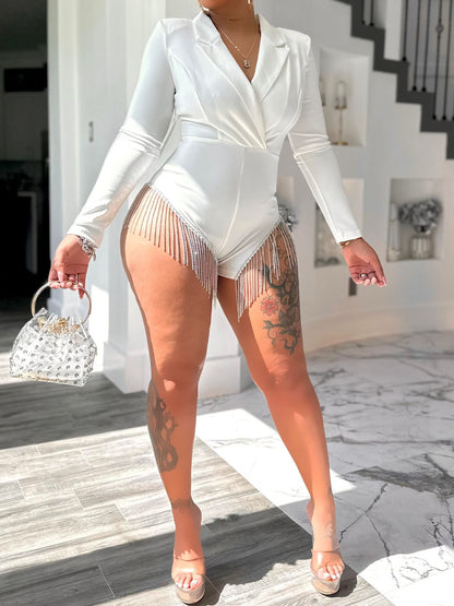 Rhinestone Fringes V-neck Stretch Romper