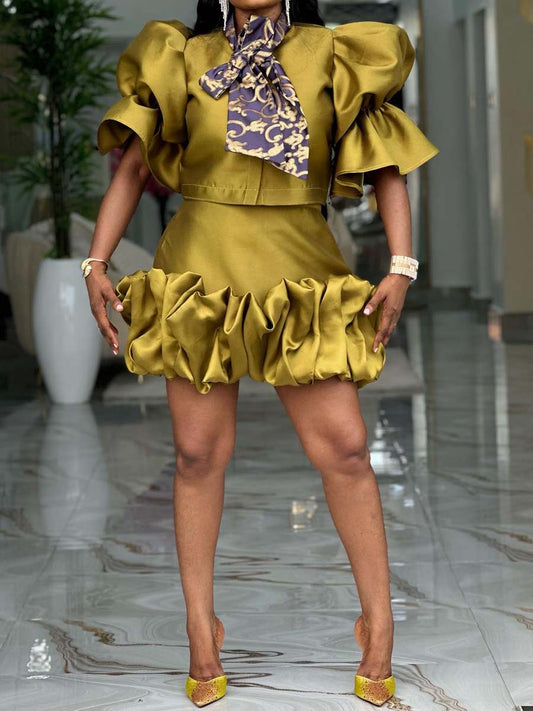 Fashion Puff Sleeve Ruffled Two Pieces Dress