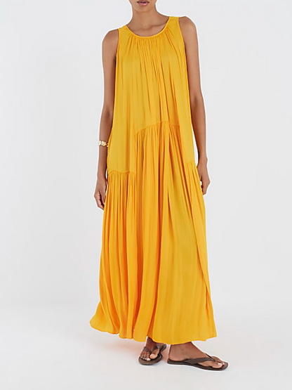 Solid Color Pleated Sleeveless Dress