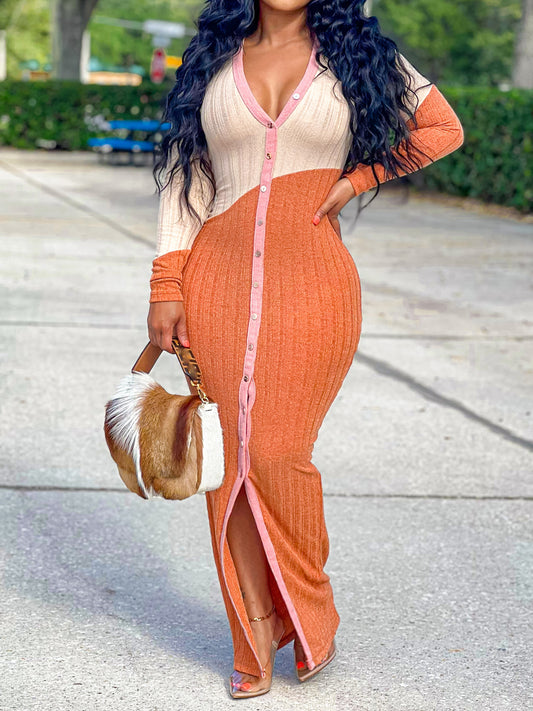 Knitted Color Block Long Sleeve Maxi Dress