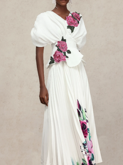 Pleated Embroidered Printed Dress