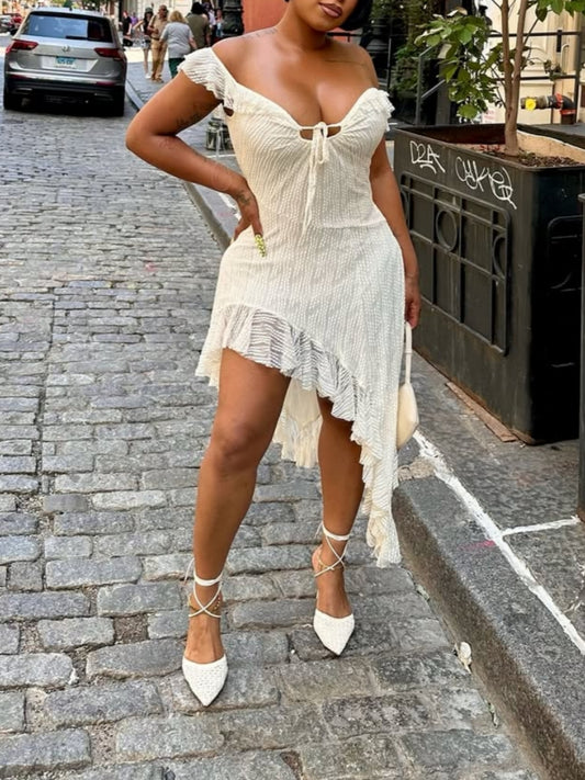 Cream Ruffled Off-Shoulder Dress