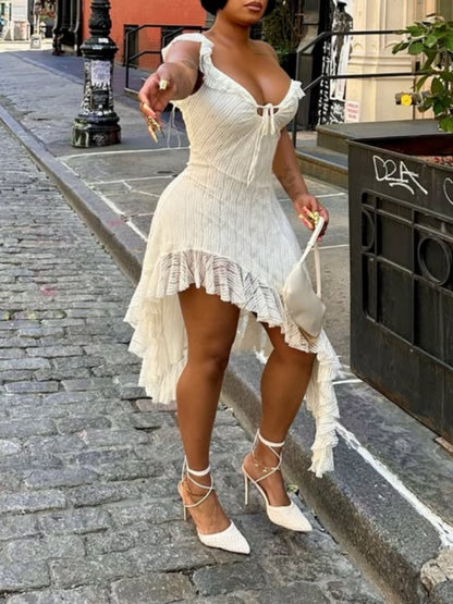 Cream Ruffled Off-Shoulder Dress