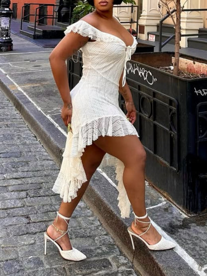 Cream Ruffled Off-Shoulder Dress