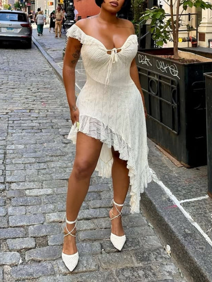 Cream Ruffled Off-Shoulder Dress