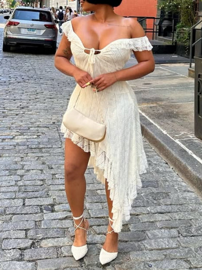 Cream Ruffled Off-Shoulder Dress
