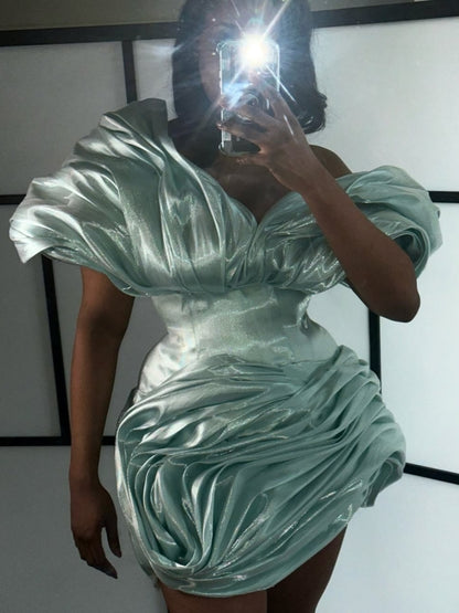 Elegant Satin Off-Shoulder Ruched Cocktail Mini Dress