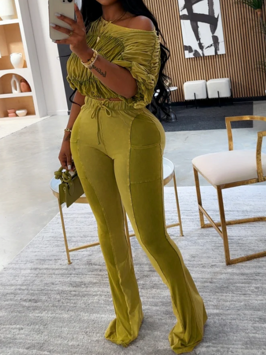 Pleated Cropped Top Flared Pants Suit