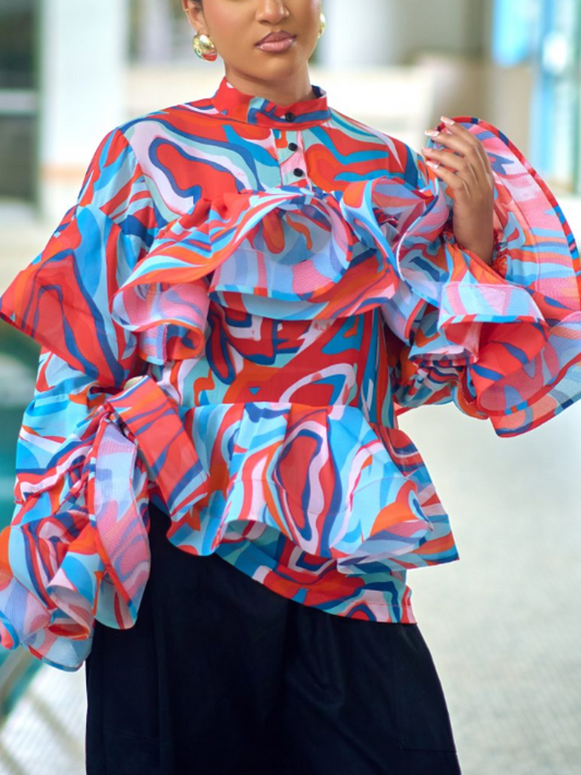 Chiffon Ruffle Print Top