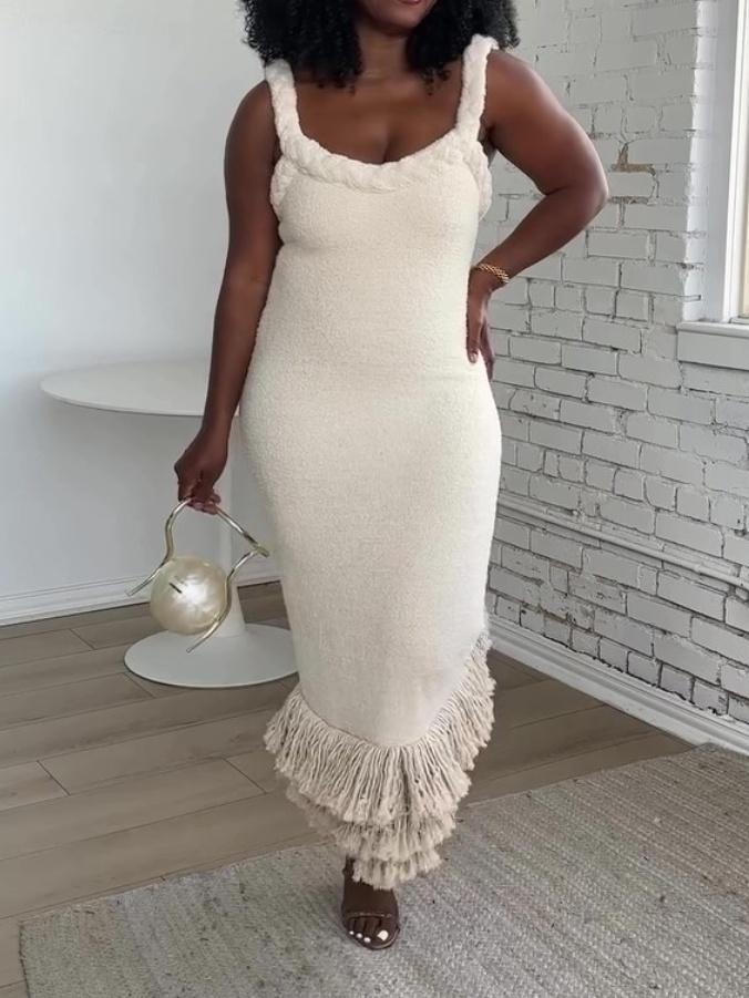 Fashion White Woven Tassel Dress