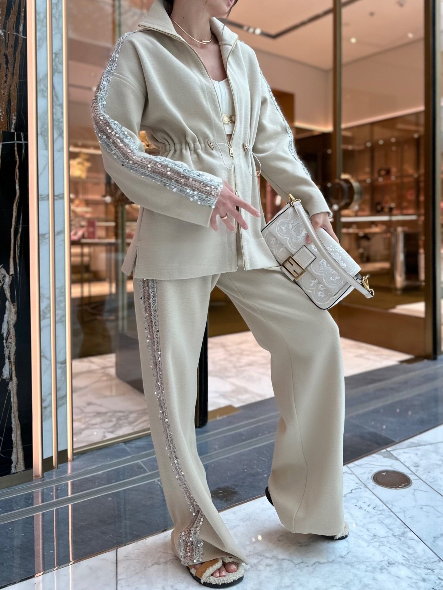 Fashionable Drawstring Waist Top And Wide-leg Trousers Two-piece Set