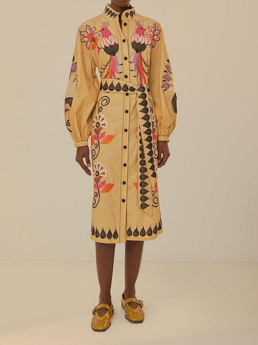 Khaki Flower Bird Embroidered Midi Dress