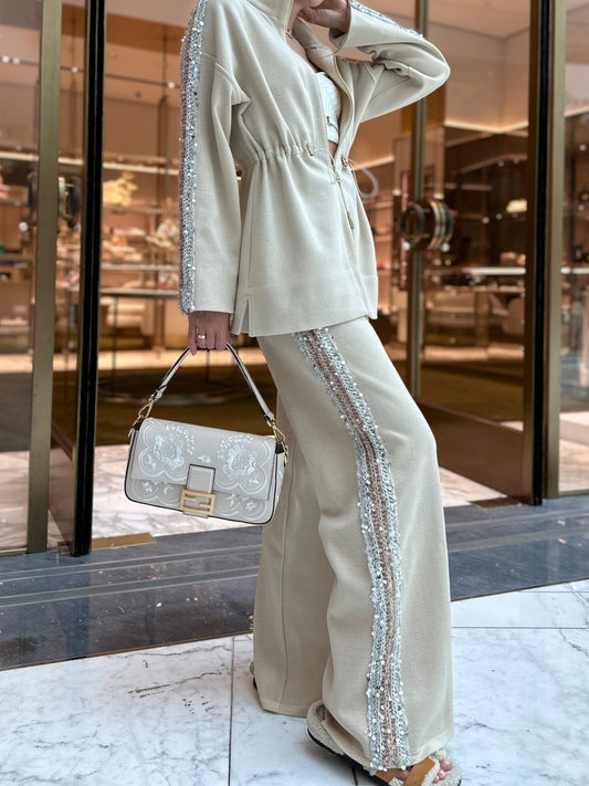 Fashionable Drawstring Waist Top And Wide-leg Trousers Two-piece Set