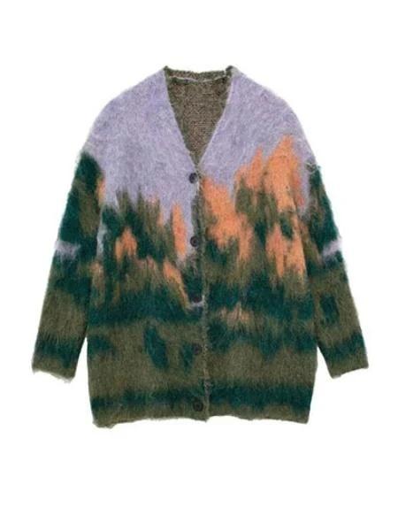 V-Neck Gradient Landscape Paint Printed Cardigan Sweater