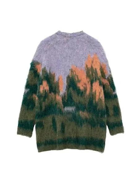 V-Neck Gradient Landscape Paint Printed Cardigan Sweater