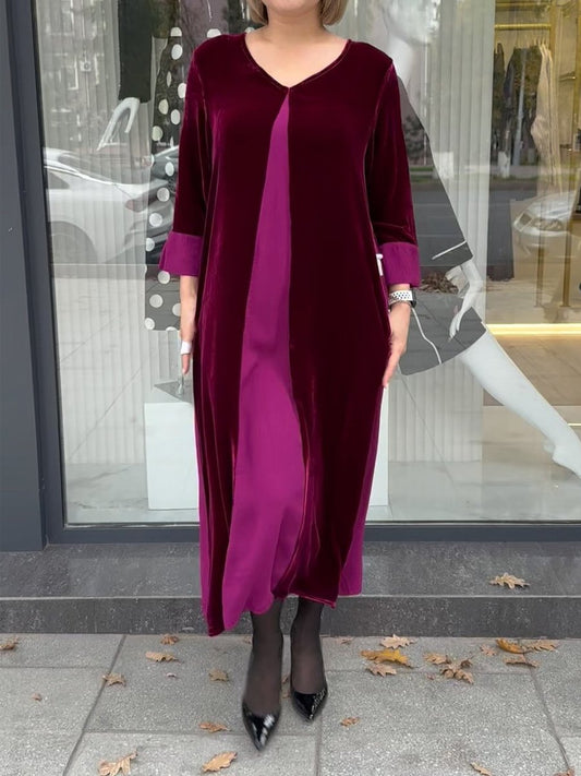 Velvet Patchwork Long SleeveMidi Dress