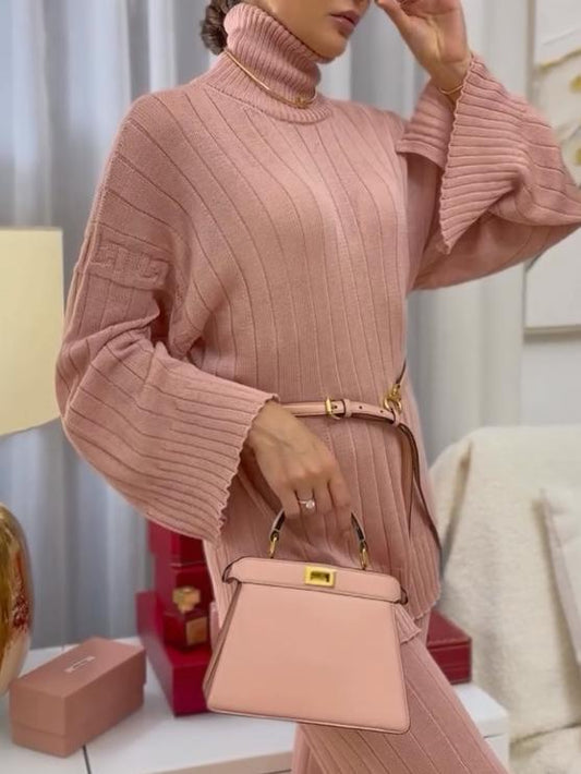 Half Turtleneck Solid Color Slim Fit Sweater And Trousers Two-piece Set
