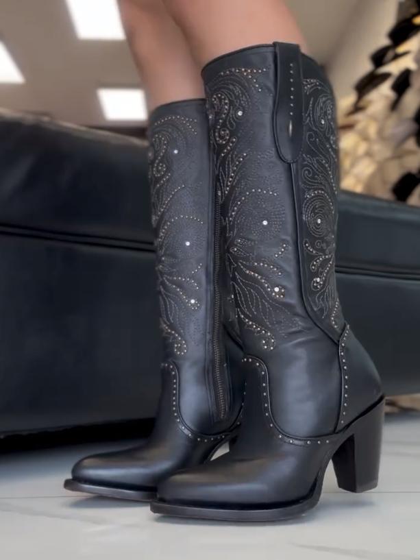 Black Flower High Cowboy Boots