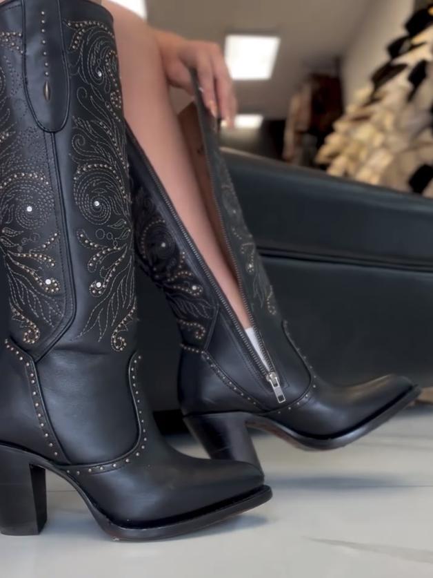 Black Flower High Cowboy Boots