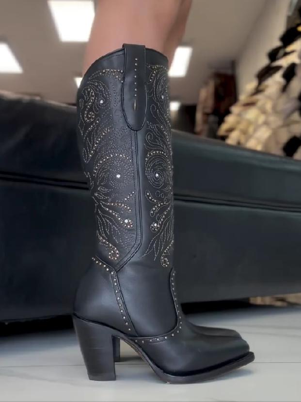 Black Flower High Cowboy Boots